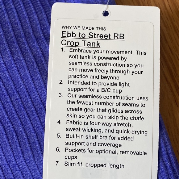 ❤️ Lululemon Ebb to Street Racerback Crop Tank Charged Indigo Size 6 NWT - Picture 6 of 6